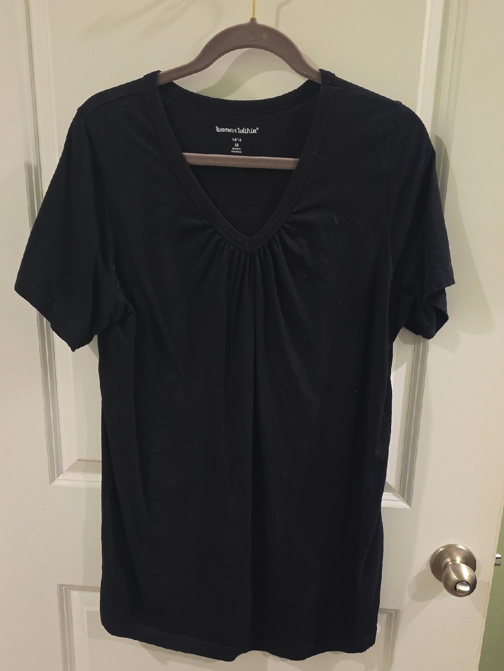 Woman Within Black V-Neck Short Sleeve Gathered Front Tee